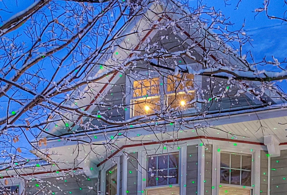 A detail from the original photograph: snow-dusted bare branches in front of a lit gable window at dusk.